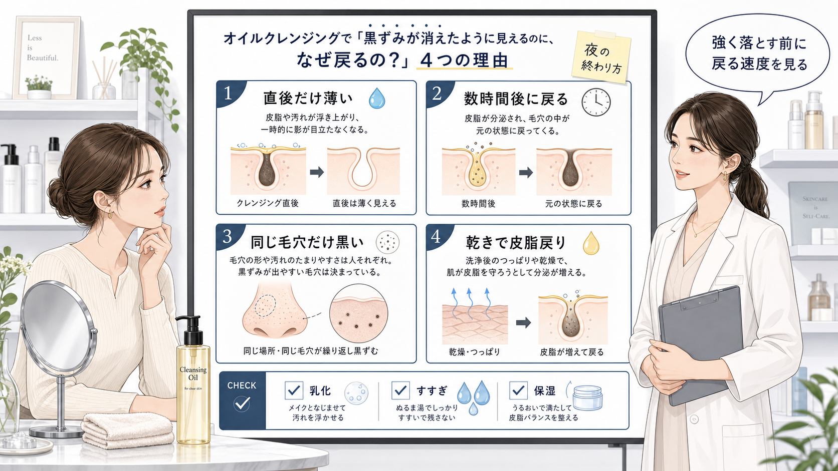 オイルクレンジング後に黒ずみが直後だけ薄く見え、数時間後に戻る理由を白ボードで比較する美容メディア挿絵