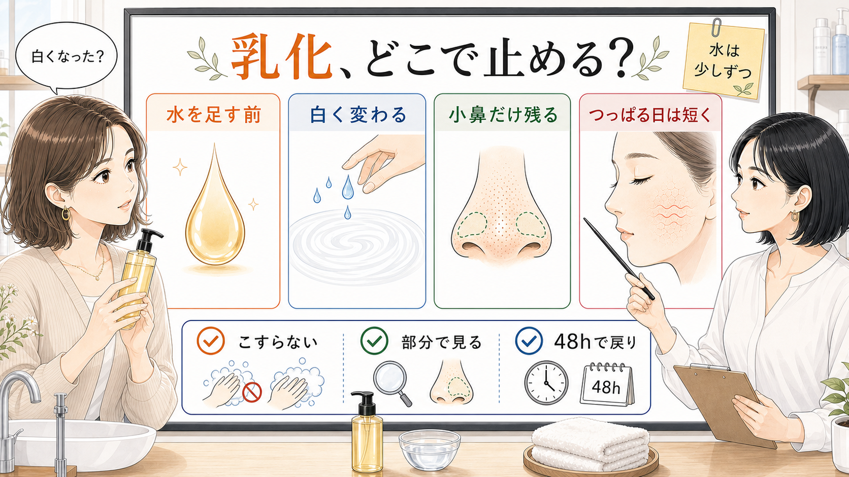 クレンジングオイルの乳化で水を足す前・白く変わる時・小鼻残り・つっぱる日を分けて見る美容相談ボード