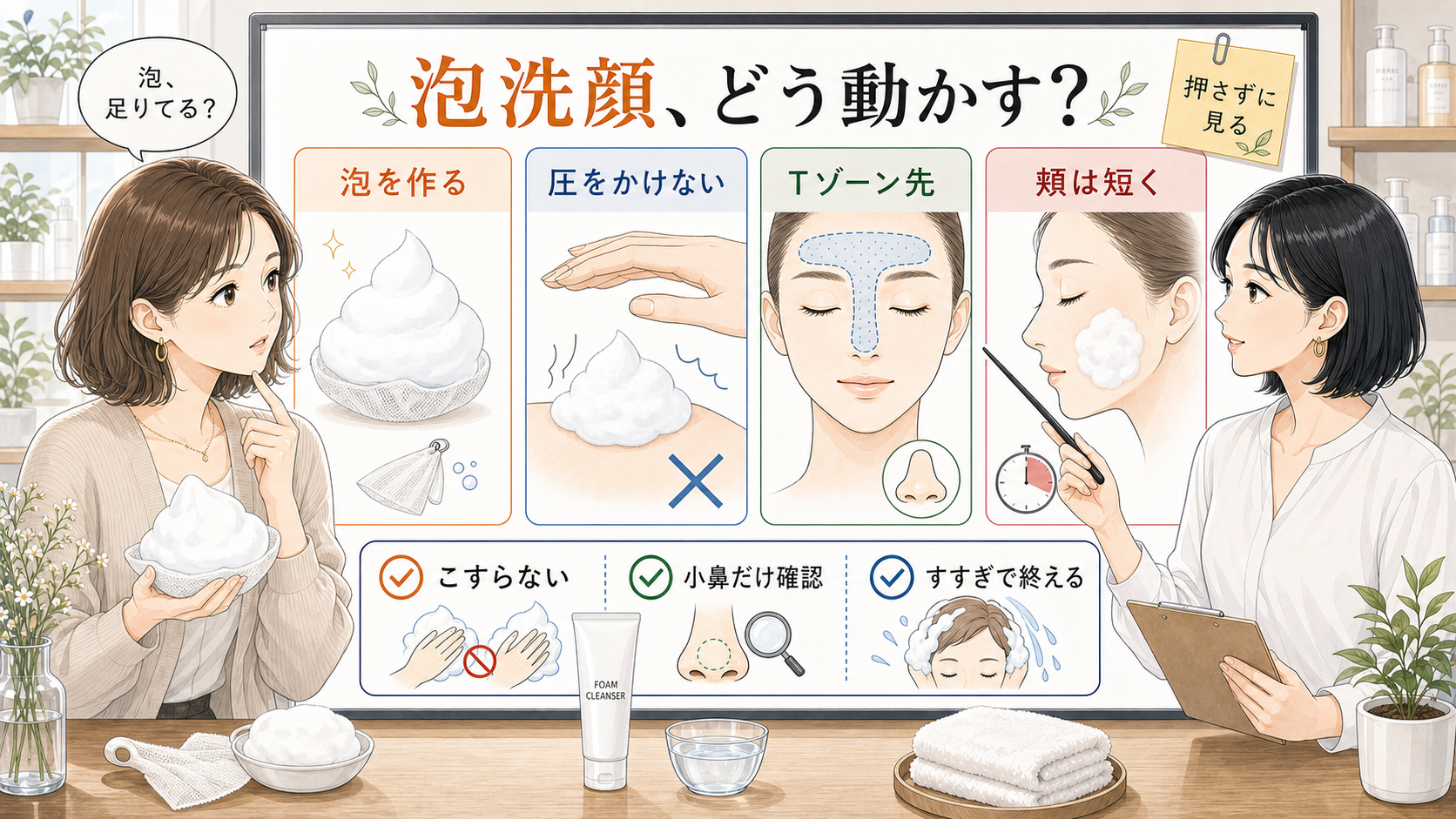 泡洗顔のやり方で泡を作る・圧をかけない・Tゾーン先・頬は短くを分けて見る美容相談ボード