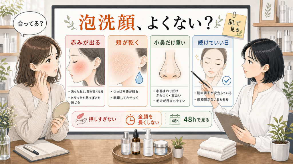 泡洗顔がよくないかを赤み・乾き・小鼻の重さ・続けていい日に分けて見る美容相談ボード