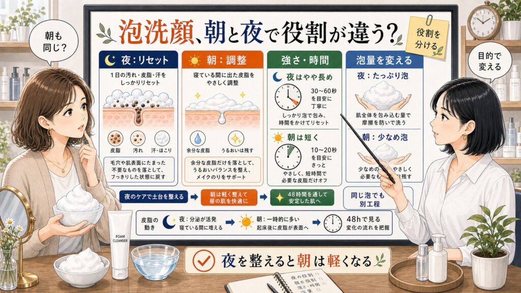 泡洗顔の朝と夜の役割を、夜のリセット・朝の調整・強さや時間・泡量で分けて見る相談ボード風イラスト