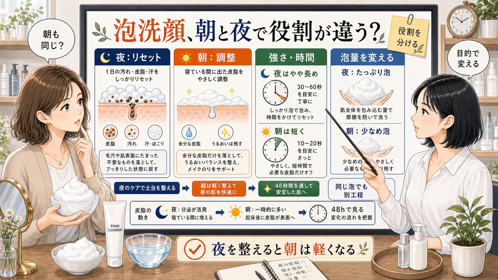 泡洗顔の朝と夜の役割を、夜のリセット・朝の調整・強さや時間・泡量で分けて見る相談ボード風イラスト