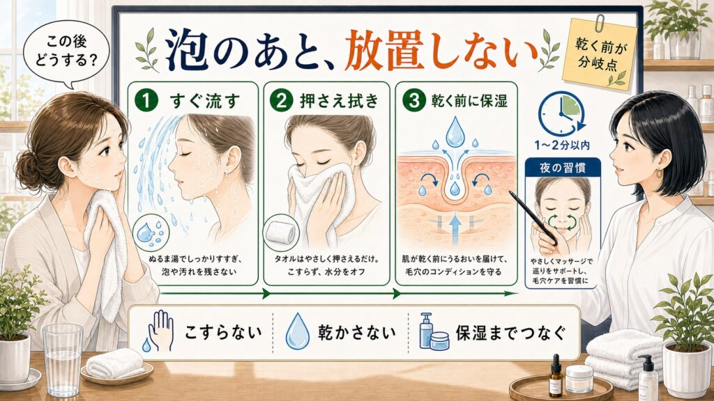 泡洗顔後に放置せず、すぐ流す・押さえ拭き・乾く前の保湿へつなぐ流れを示したアイキャッチ