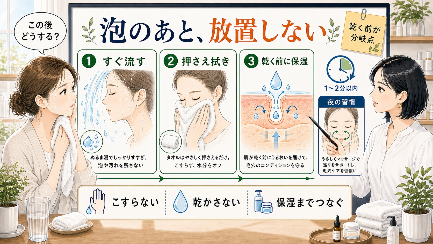 泡洗顔後に放置せず、すぐ流す・押さえ拭き・乾く前の保湿へつなぐ流れを示したアイキャッチ