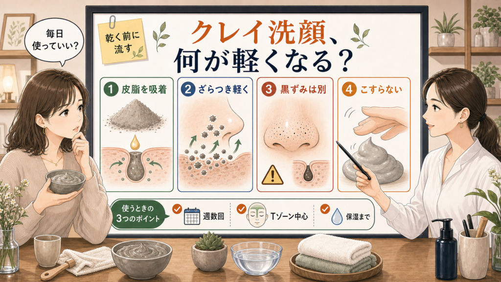 クレイ洗顔の効果を皮脂吸着・ざらつき・黒ずみとの違い・こすらない使い方で整理する女性アドバイザー付き美容相談アイキャッチ