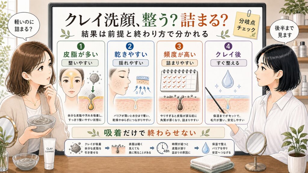 クレイ洗顔で毛穴が整う人と詰まる人の違いを整理するアイキャッチ