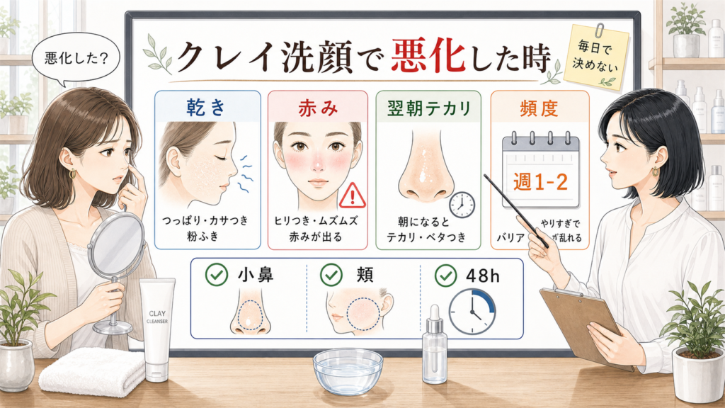 クレイ洗顔で毛穴が悪化する時の見直し方を示す美容相談イラスト