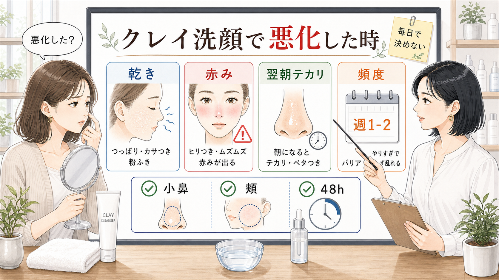 クレイ洗顔で毛穴が悪化する時の見直し方を示す美容相談イラスト