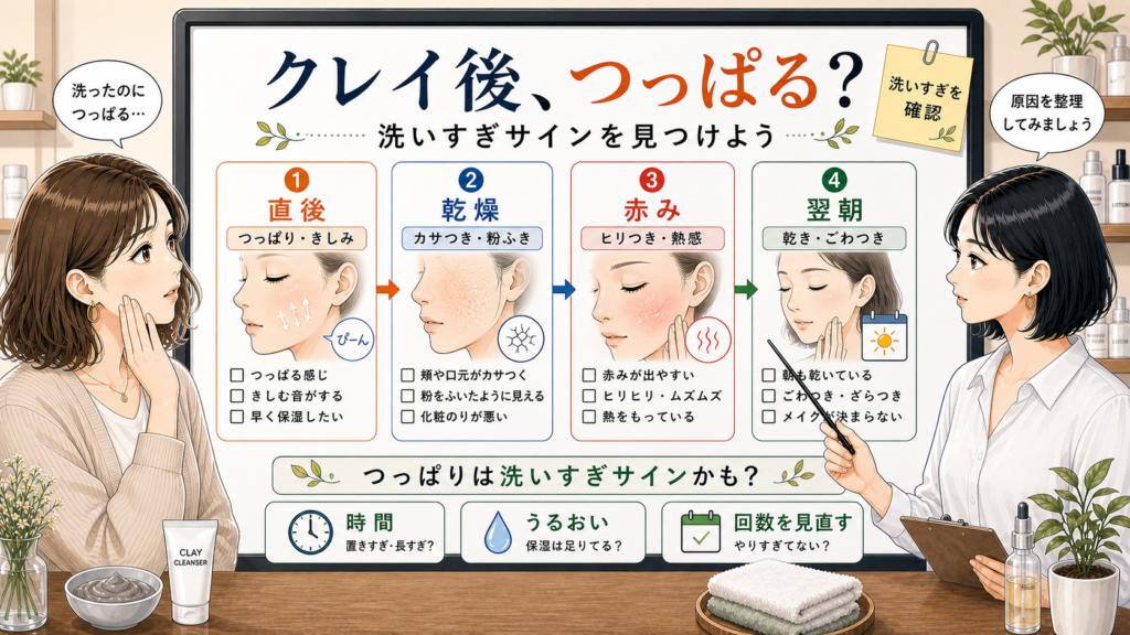 クレイ洗顔後のつっぱりを直後・乾燥・赤み・翌朝で確認する相談ボード