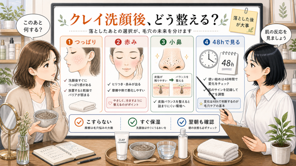 クレイ洗顔後のつっぱり・赤み・小鼻・48時間確認を整理する相談ボード