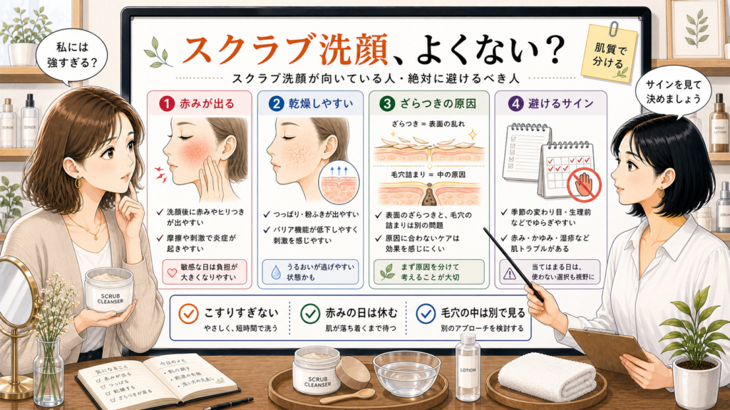 スクラブ洗顔がよくないサインを赤み・乾燥・ざらつき原因・避けるタイミングで整理する相談ボード