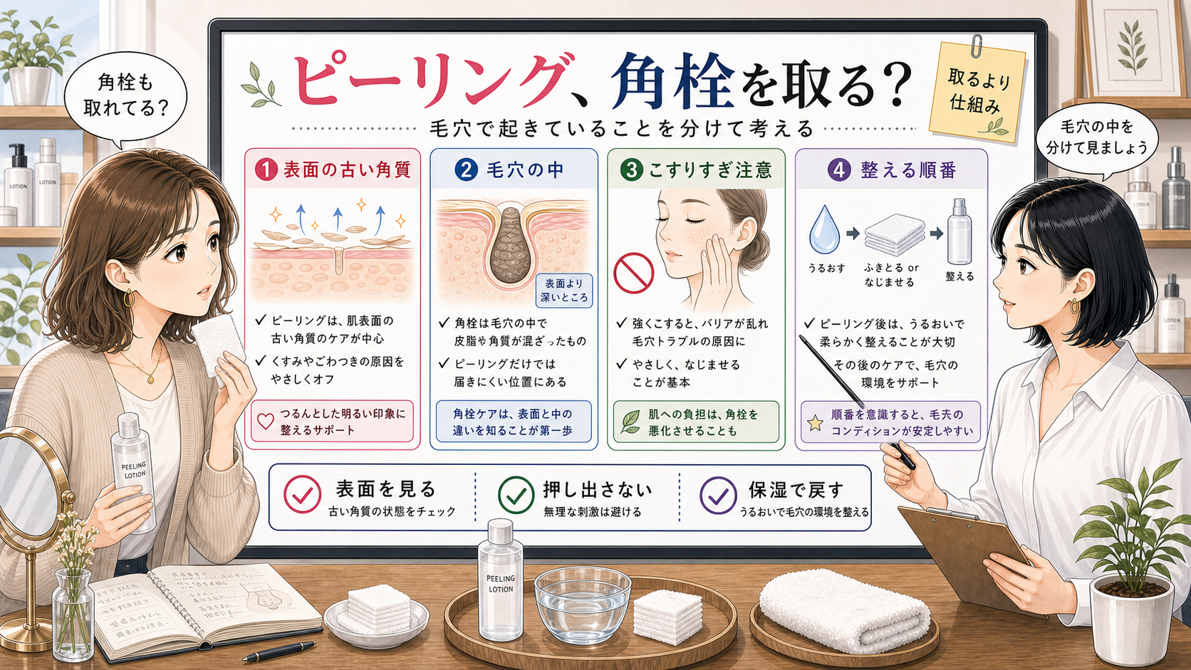 ピーリングと角栓について表面の古い角質・毛穴の中・こすりすぎ注意・整える順番を整理する相談ボード