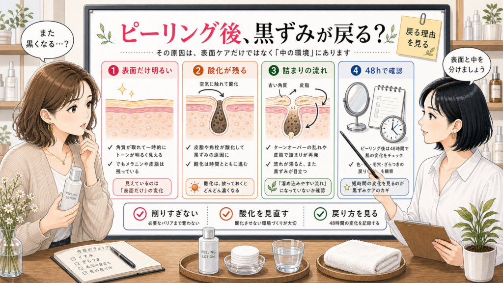 ピーリング後に黒ずみが戻る理由を表面・酸化・詰まりの流れ・48時間確認で整理する相談ボード
