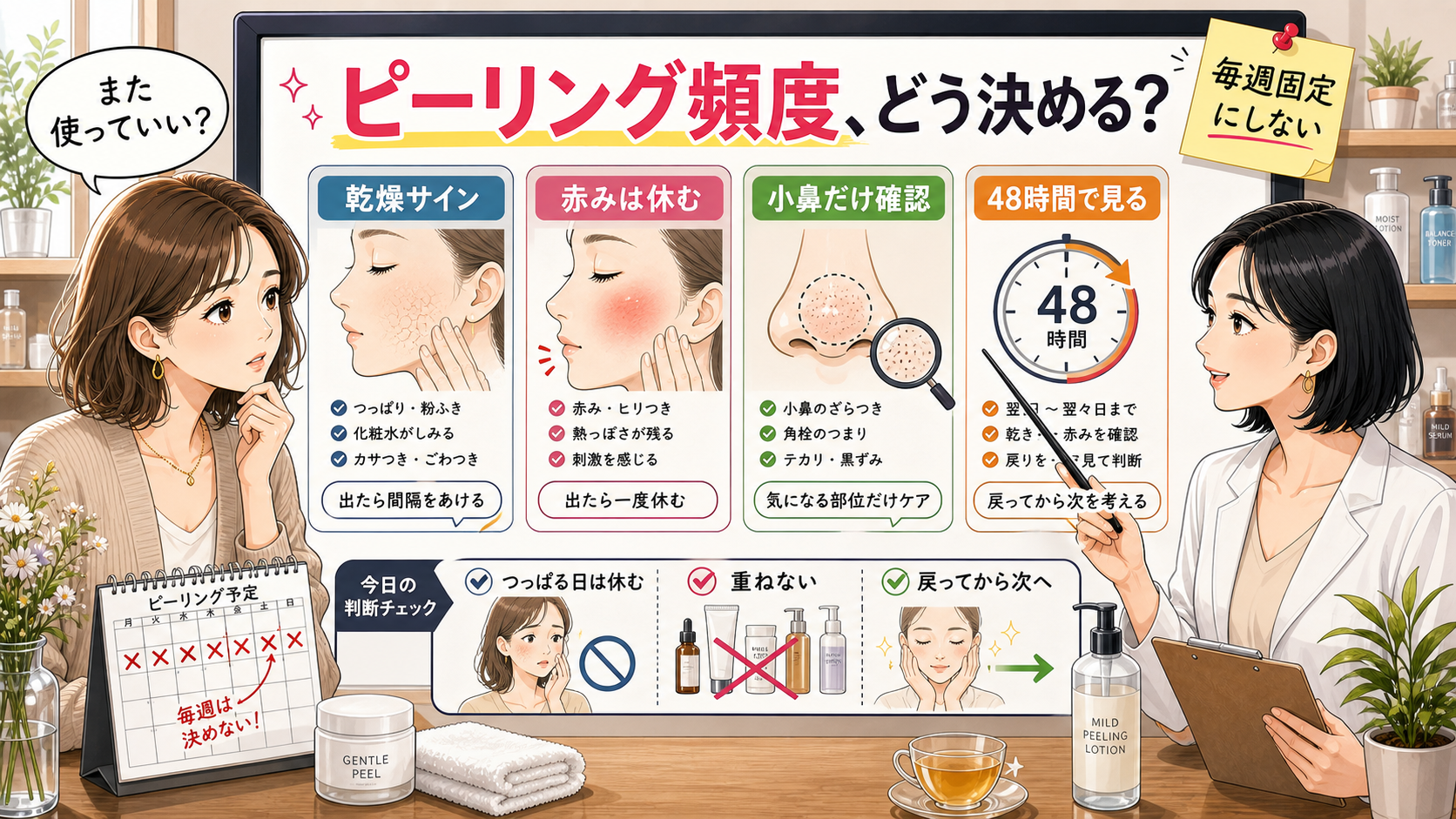 ピーリング頻度を乾燥・赤み・小鼻・48時間で判断する図解