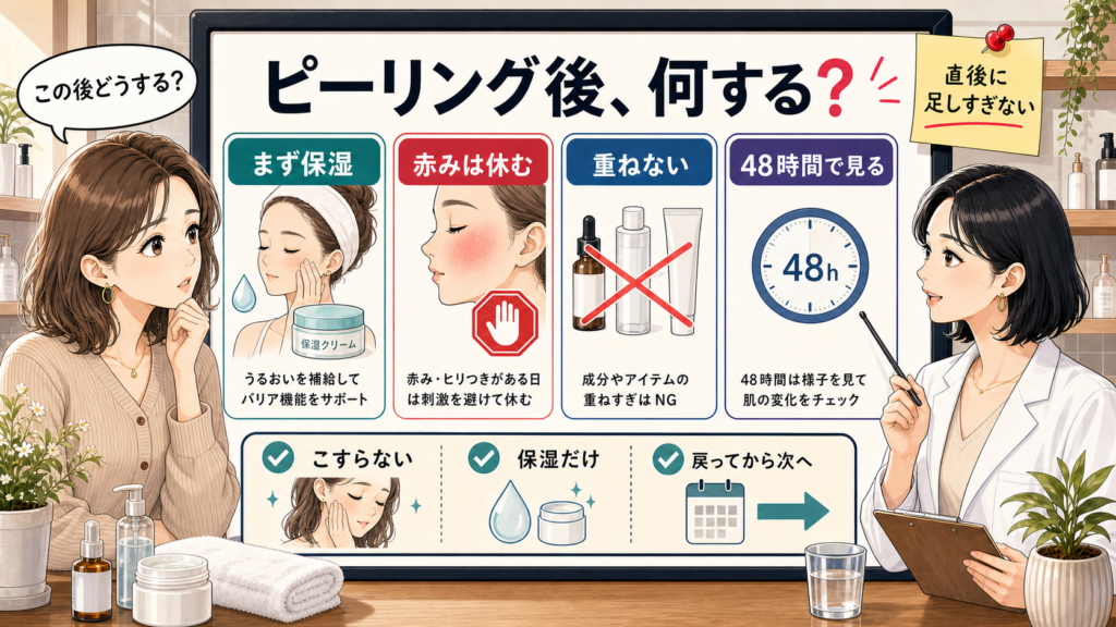 スクラブ・ピーリング後の保湿・刺激回避・48時間確認を整理する図解