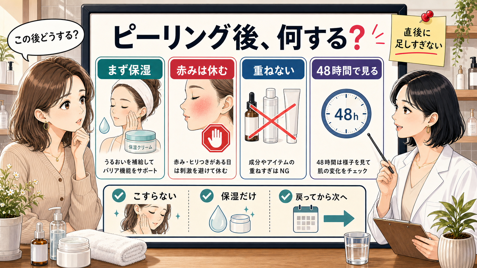 スクラブ・ピーリング後の保湿・刺激回避・48時間確認を整理する図解