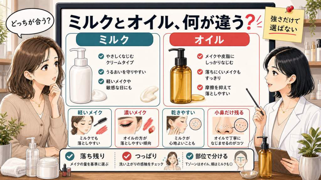 クレンジングミルクとオイルの違いをメイク濃度・乾き・小鼻残りで比較する図解