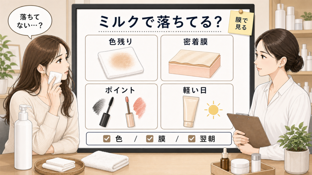 ミルククレンジングでメイクが落ちているかを色残り・密着膜・ポイントメイクで整理した美容メディア風イラスト