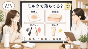 ミルククレンジングでメイクが落ちているかを色残り・密着膜・ポイントメイクで整理した美容メディア風イラスト