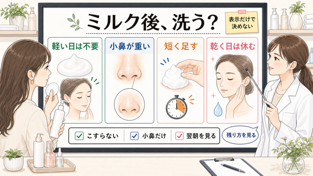 ミルククレンジング後にダブル洗顔不要でいい条件を1207基準で比較する美容メディアの白ボード挿絵
