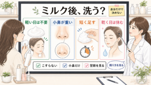 ミルククレンジング後にダブル洗顔不要でいい条件を1207基準で比較する美容メディアの白ボード挿絵
