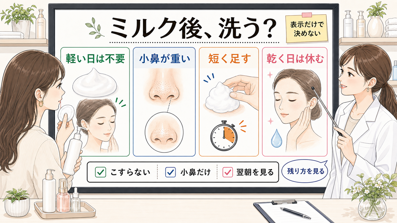 ミルククレンジング後にダブル洗顔不要でいい条件を1207基準で比較する美容メディアの白ボード挿絵