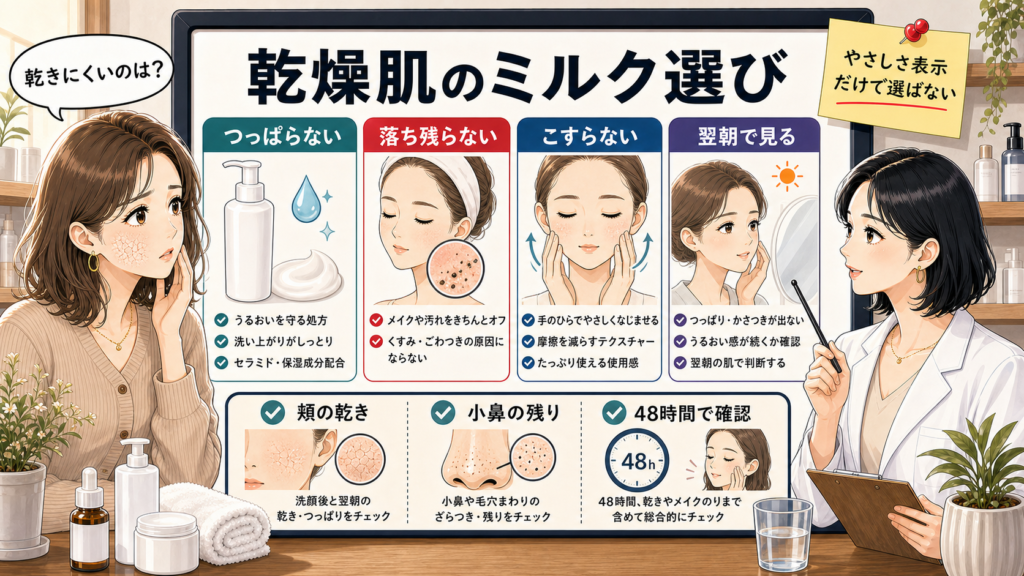 乾燥肌向けクレンジングミルクをつっぱり・落ち残り・小鼻残りで選ぶ図解