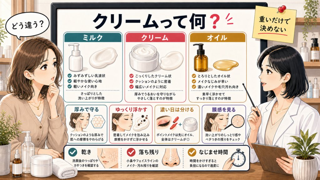クレンジングクリームをミルク・オイルと厚みやなじませ時間で比較する図解