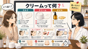 クレンジングクリームをミルク・オイルと厚みやなじませ時間で比較する図解