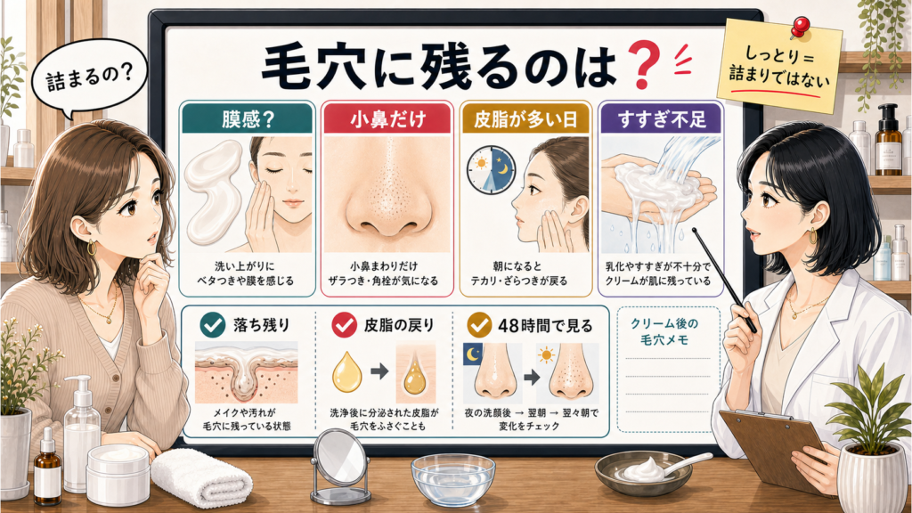 クレンジングクリームの膜感・小鼻残り・皮脂戻りを見分ける図解