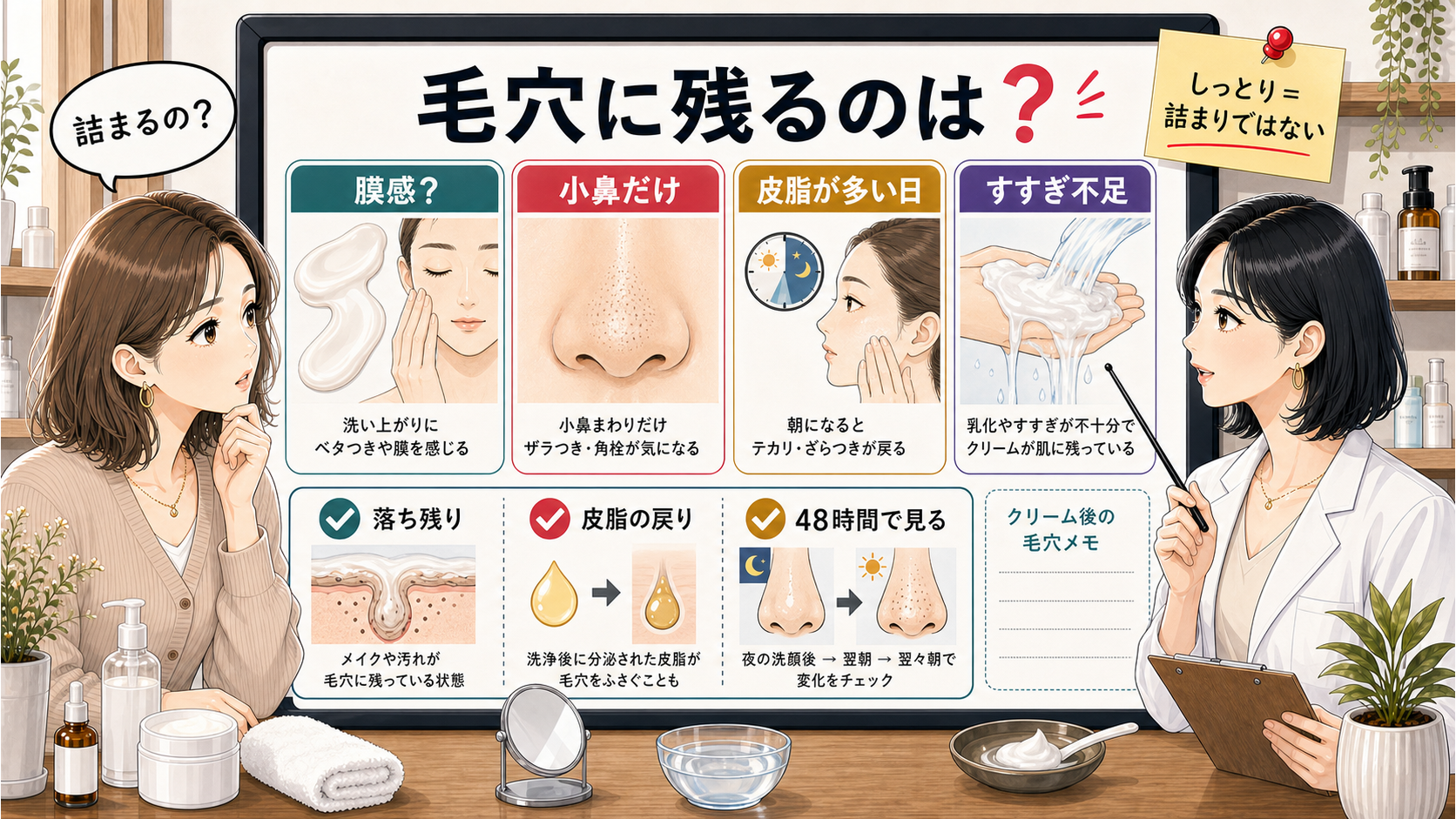クレンジングクリームの膜感・小鼻残り・皮脂戻りを見分ける図解