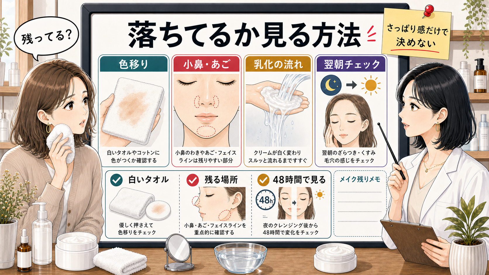 クレンジングクリーム後の色移り・残る場所・乳化・翌朝チェックを見分ける図解