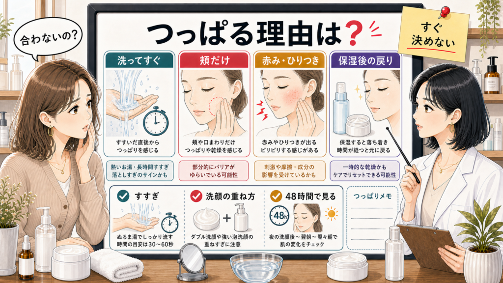 クレンジングクリーム後のつっぱりをすすぎ・頬だけ・赤み・保湿後の戻りで見分ける図解