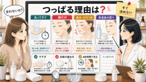 クレンジングクリーム後のつっぱりをすすぎ・頬だけ・赤み・保湿後の戻りで見分ける図解