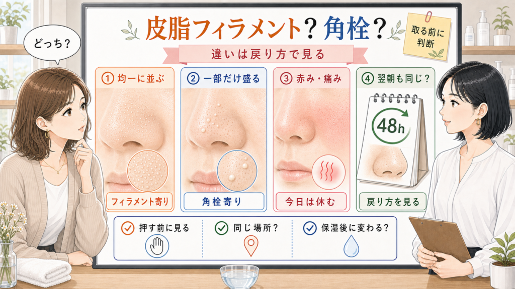 皮脂フィラメントと角栓の違いを均一な白さ、盛り上がり、赤み、48時間の戻り方で整理した美容メディア風イラスト