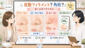 皮脂フィラメントと角栓の違いを均一な白さ、盛り上がり、赤み、48時間の戻り方で整理した美容メディア風イラスト
