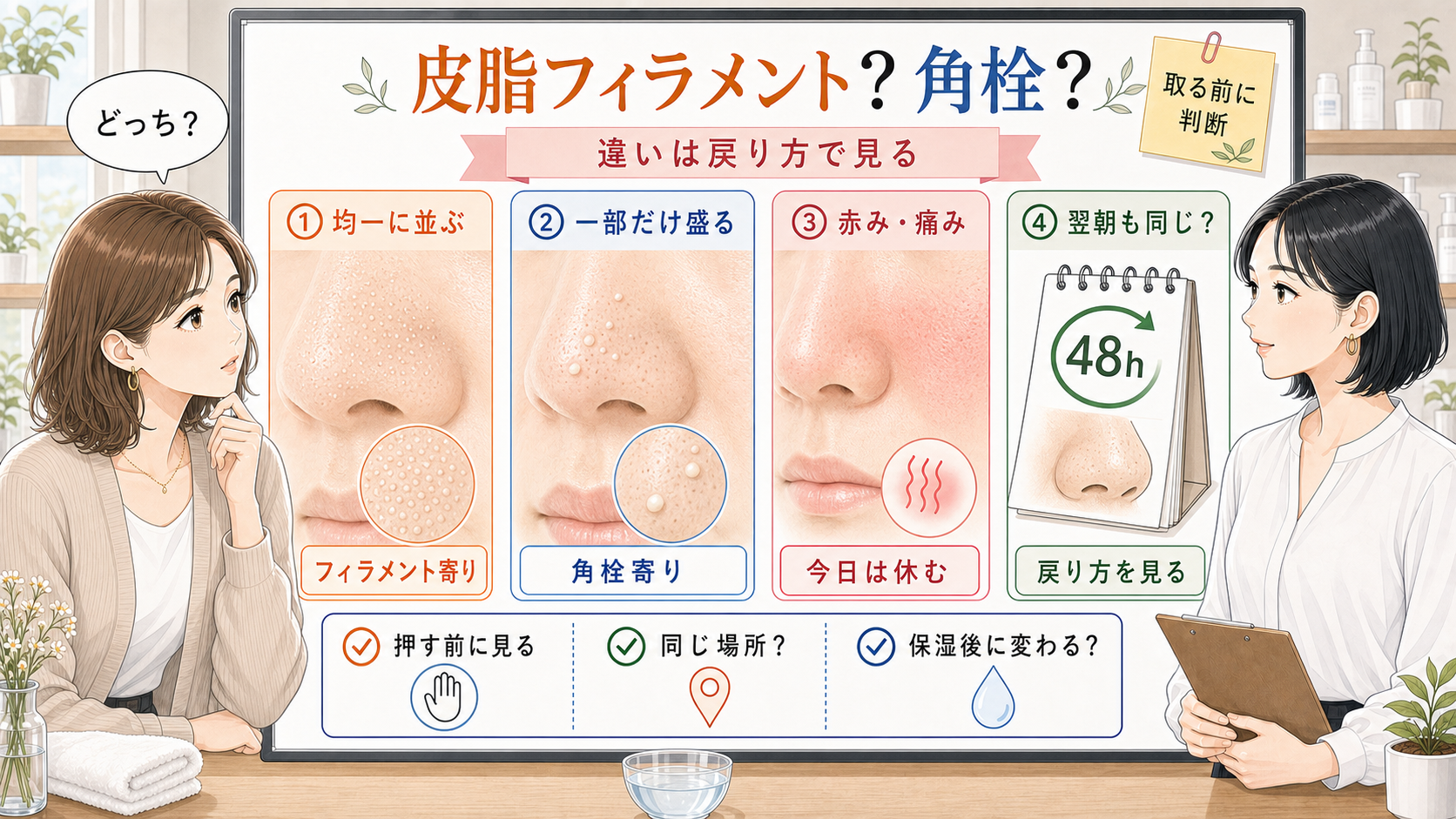 皮脂フィラメントと角栓の違いを均一な白さ、盛り上がり、赤み、48時間の戻り方で整理した美容メディア風イラスト