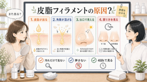 皮脂フィラメントの原因を皮脂と角質と毛穴出口で比較する美容メディアの白ボード図解