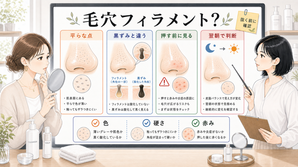 毛穴フィラメントと黒ずみの違いを比較する美容メディアの白ボード図解