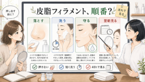 皮脂フィラメントのケア順番を落とす・洗う・守る・翌朝見る流れで整理した図