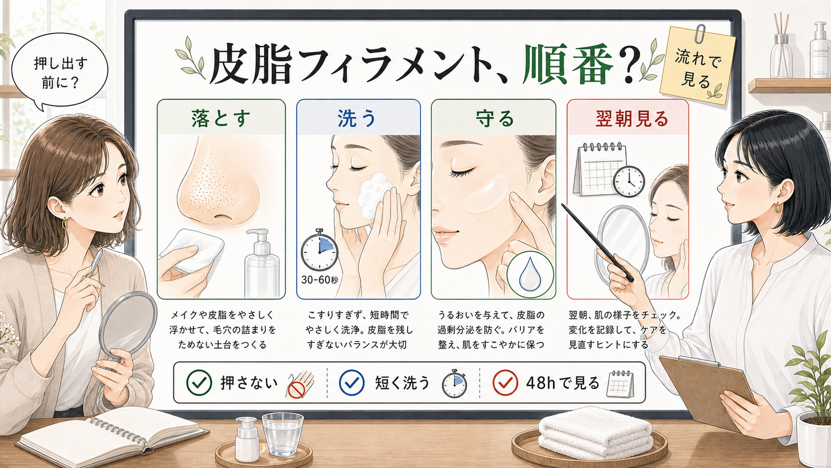 皮脂フィラメントのケア順番を落とす・洗う・守る・翌朝見る流れで整理した図