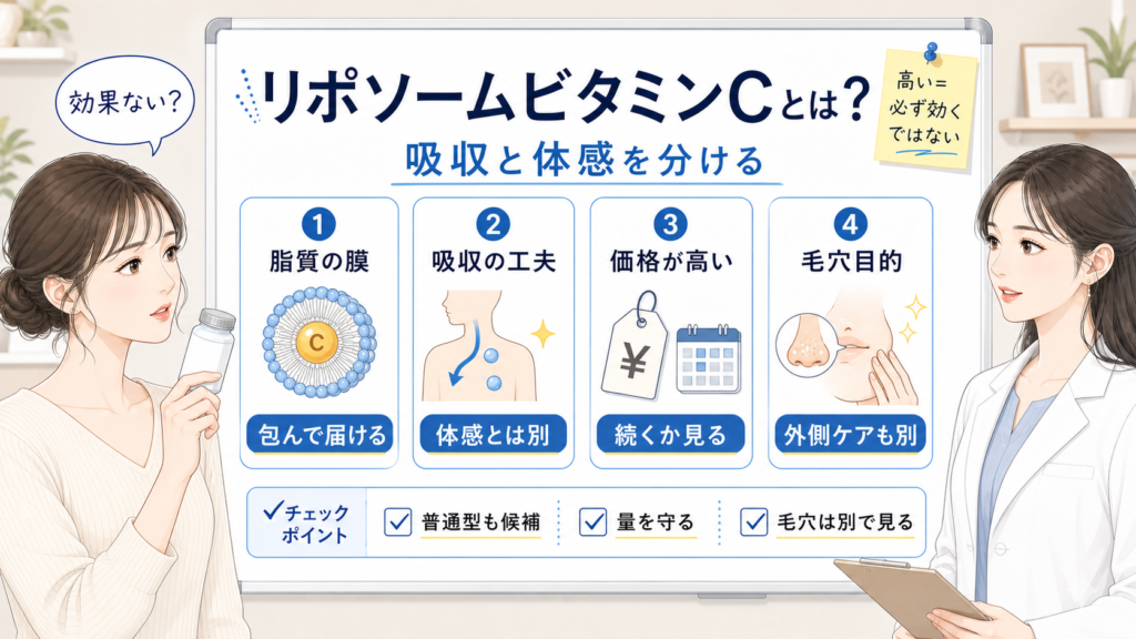 リポソームビタミンCとは何か、吸収と体感、価格、毛穴目的との違いを整理した美容メディア風イラスト