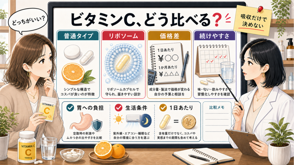 リポソームビタミンCと普通のビタミンCを価格差・続けやすさ・胃への負担で比較する図解