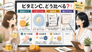リポソームビタミンCと普通のビタミンCを価格差・続けやすさ・胃への負担で比較する図解