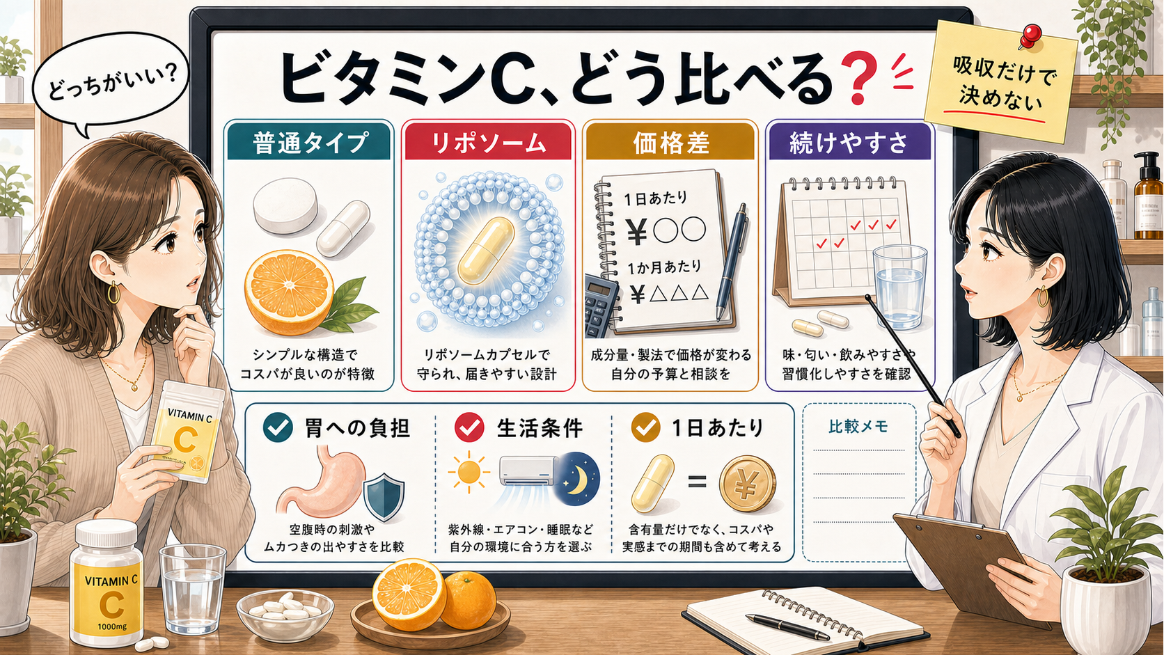 リポソームビタミンCと普通のビタミンCを価格差・続けやすさ・胃への負担で比較する図解