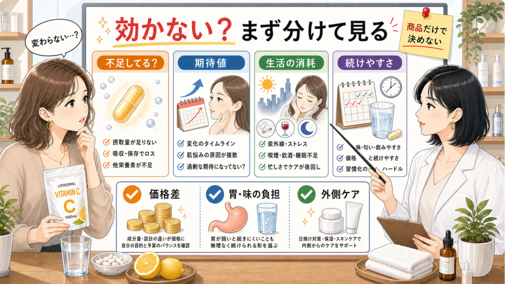 リポソームビタミンCが効かないと感じる理由を不足感・期待値・生活消耗・続けやすさで整理する図解