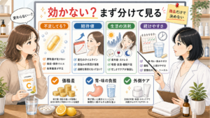 リポソームビタミンCが効かないと感じる理由を不足感・期待値・生活消耗・続けやすさで整理する図解