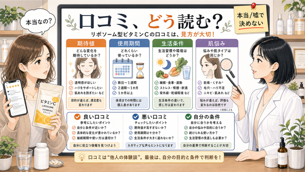 リポソームビタミンCの口コミを期待値・使用期間・生活条件・肌悩みで読み分ける図解