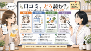 リポソームビタミンCの口コミを期待値・使用期間・生活条件・肌悩みで読み分ける図解