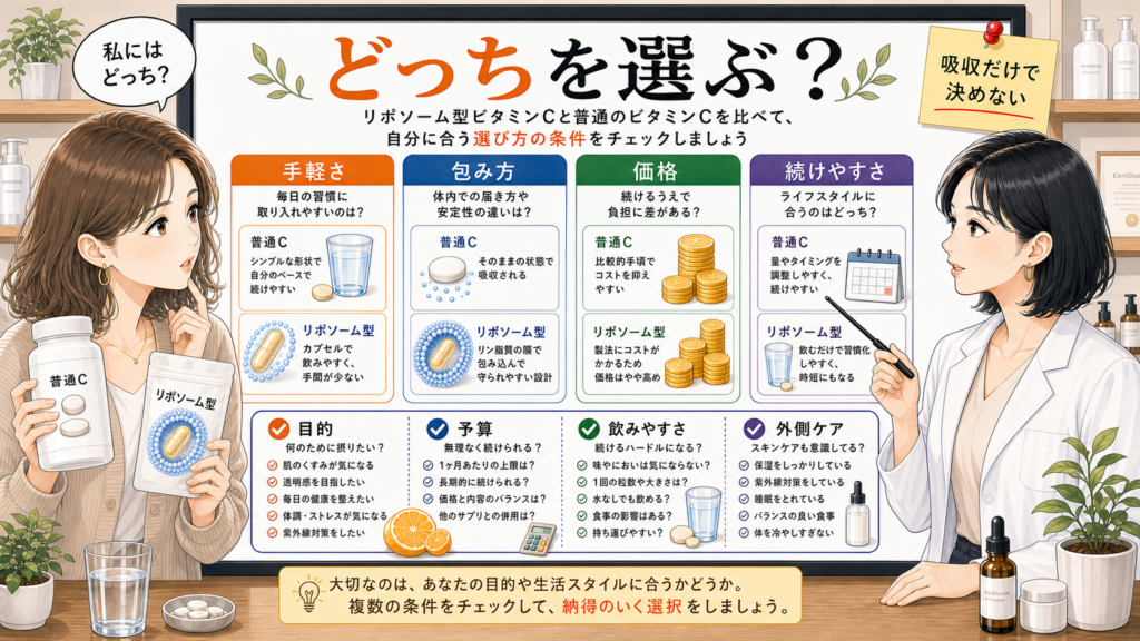リポソームビタミンCと普通のビタミンCを手軽さ・包み方・価格・続けやすさで比較する図解